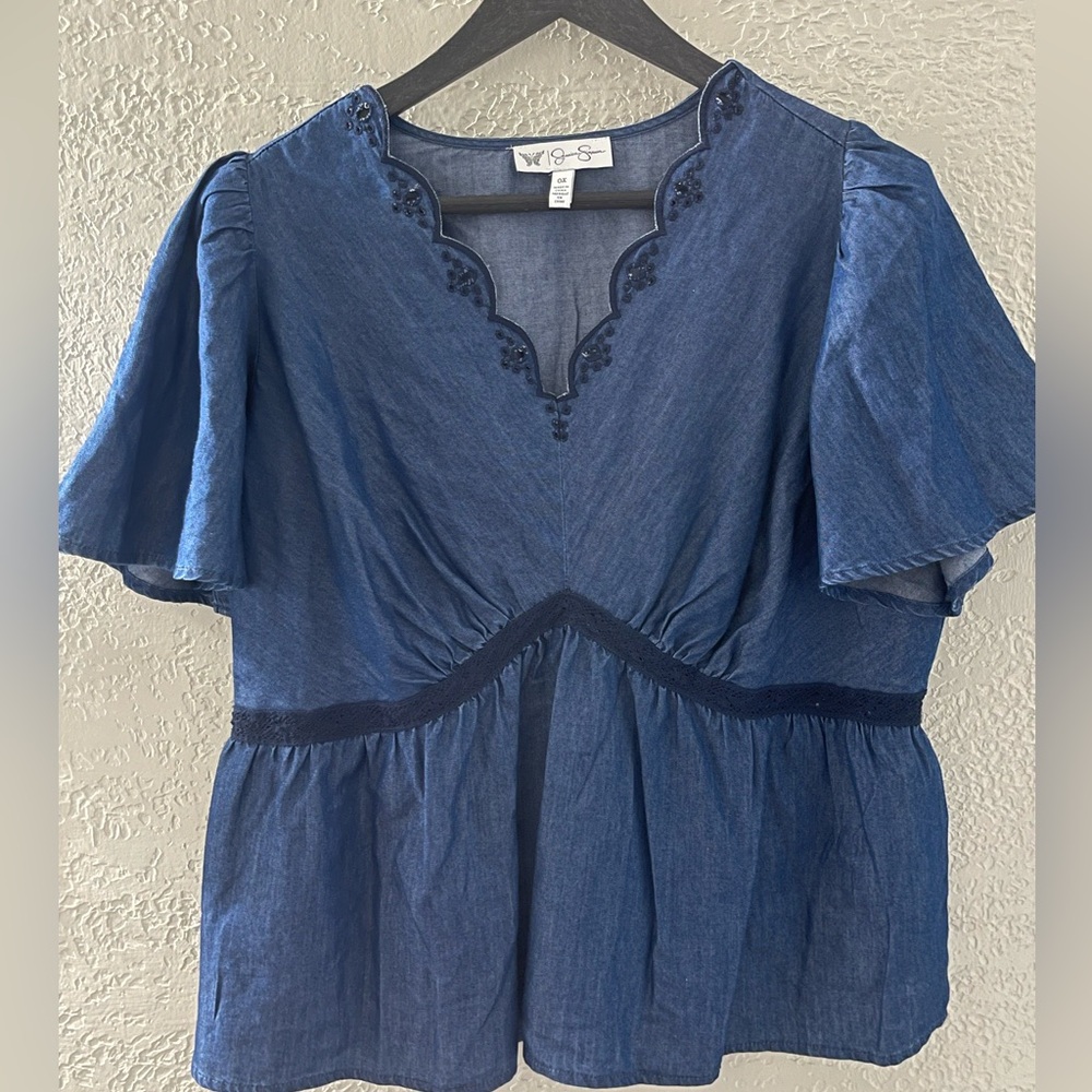 Jessica Simpson Women’s Chambray‎ Peasant Navy Blouse Scalloped Neckline Size 0X